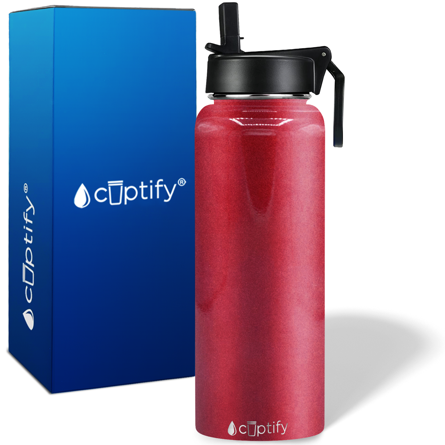 40oz Red Ruby Glitter Wide Mouth Water Bottle With Straw Lid