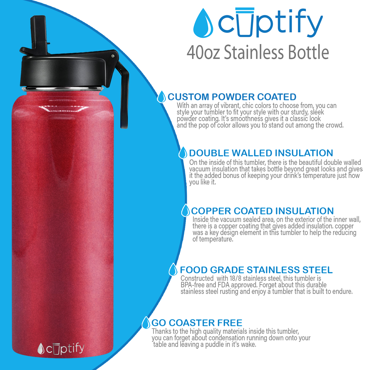 40oz Red Ruby Glitter Wide Mouth Water Bottle With Straw Lid