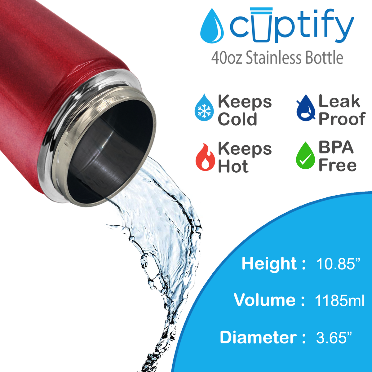 40oz Red Ruby Glitter Wide Mouth Water Bottle With Straw Lid