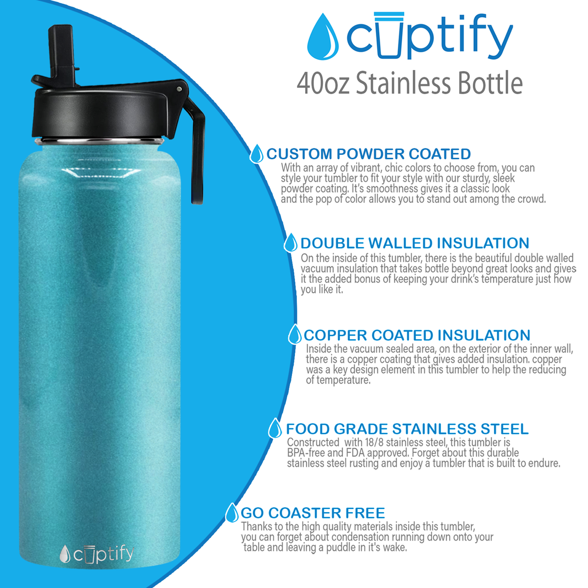 40oz Seafoam Glitter Wide Mouth Water Bottle With Straw Lid