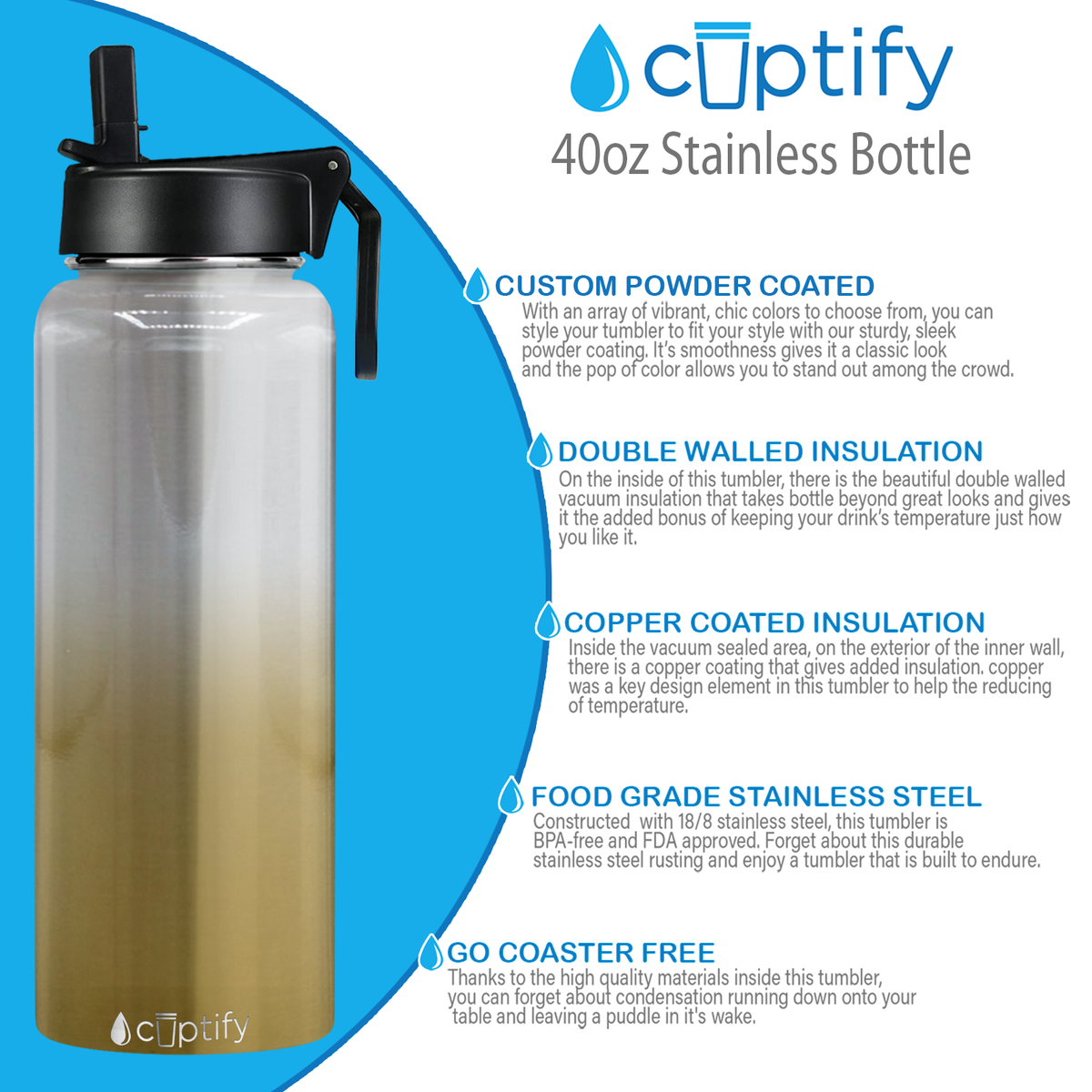 Gold Ombre Translucent 40oz Wide Mouth Water Bottle