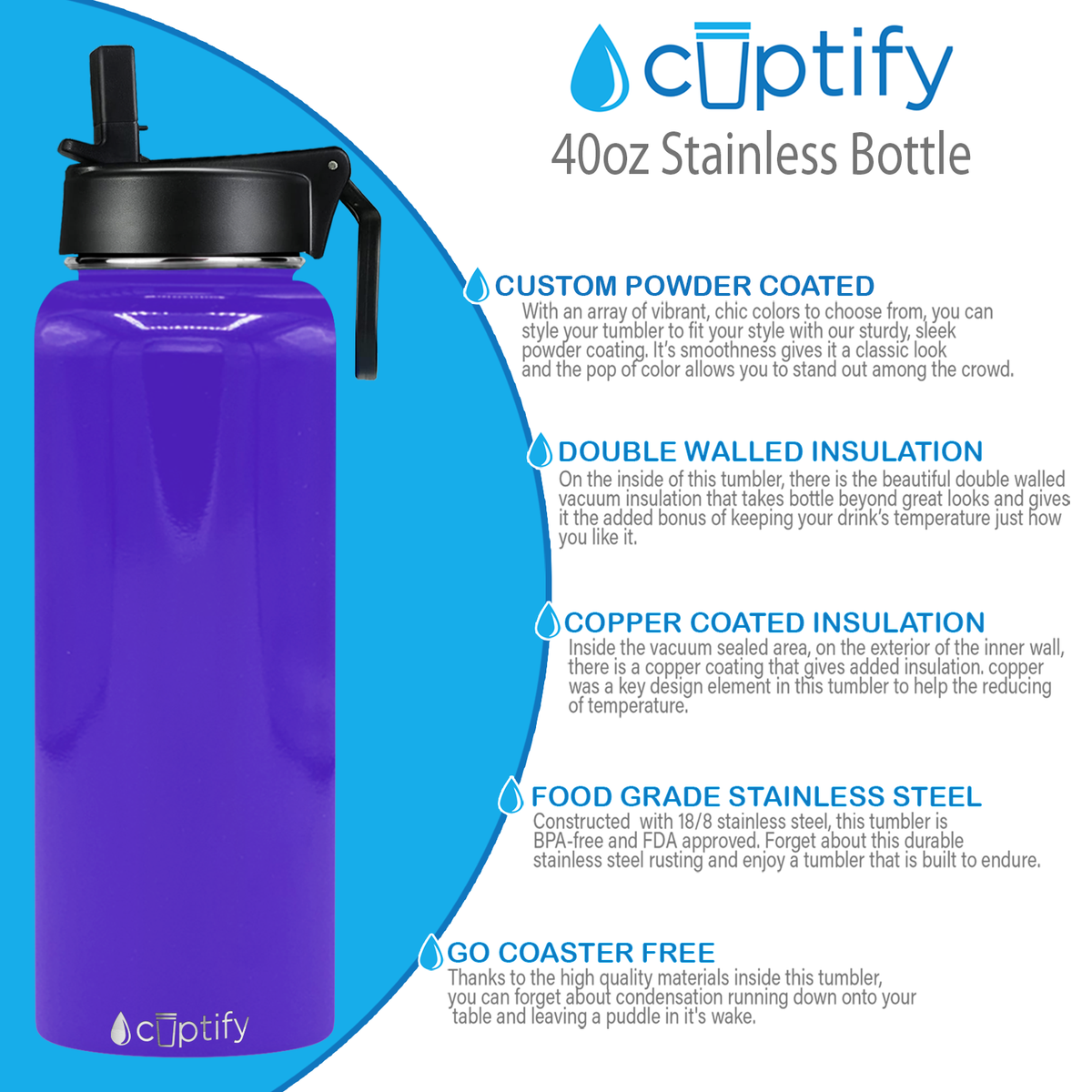 40oz Purple Gloss Wide Mouth Water Bottle With Straw Lid