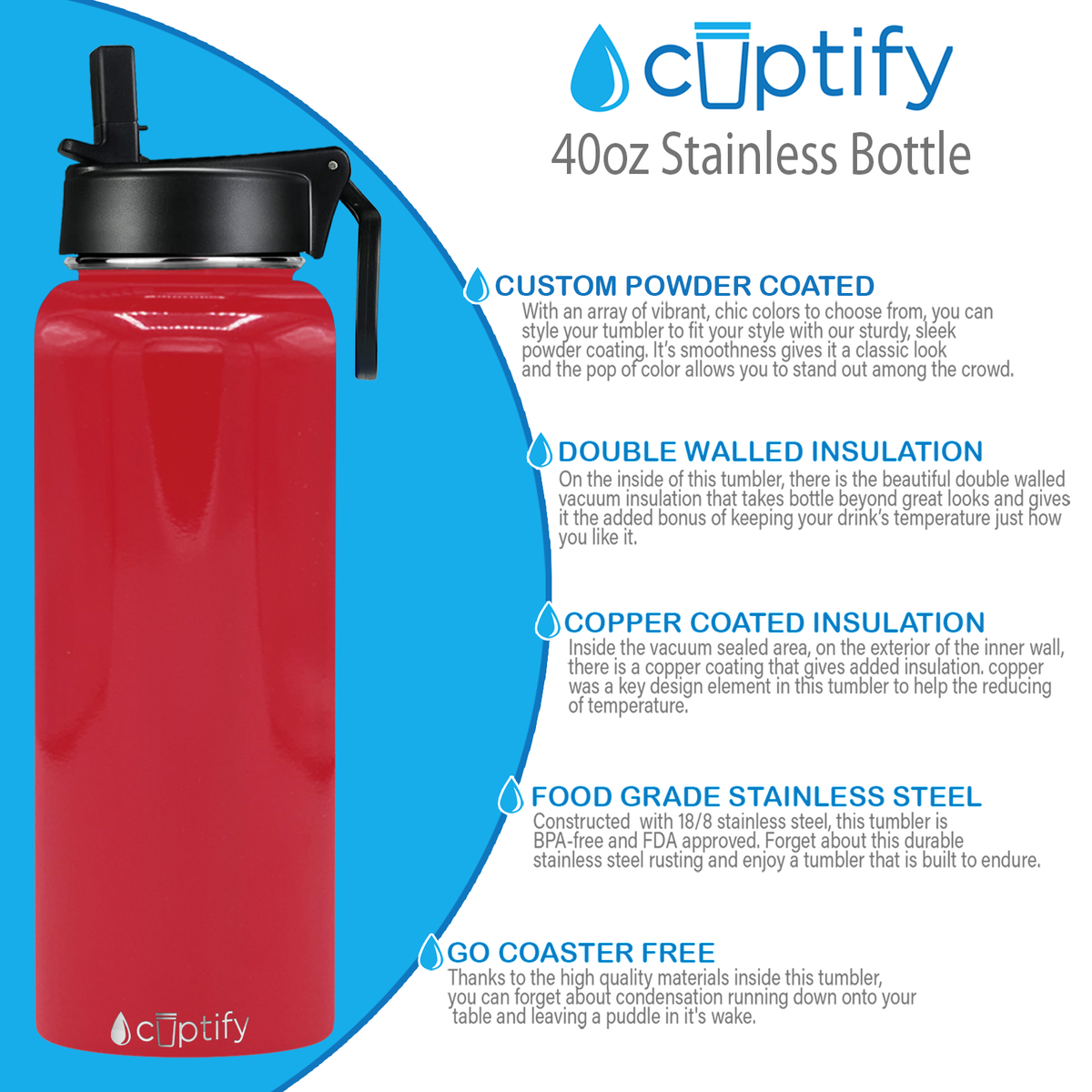 40oz Red Gloss Wide Mouth Water Bottle With Straw Lid