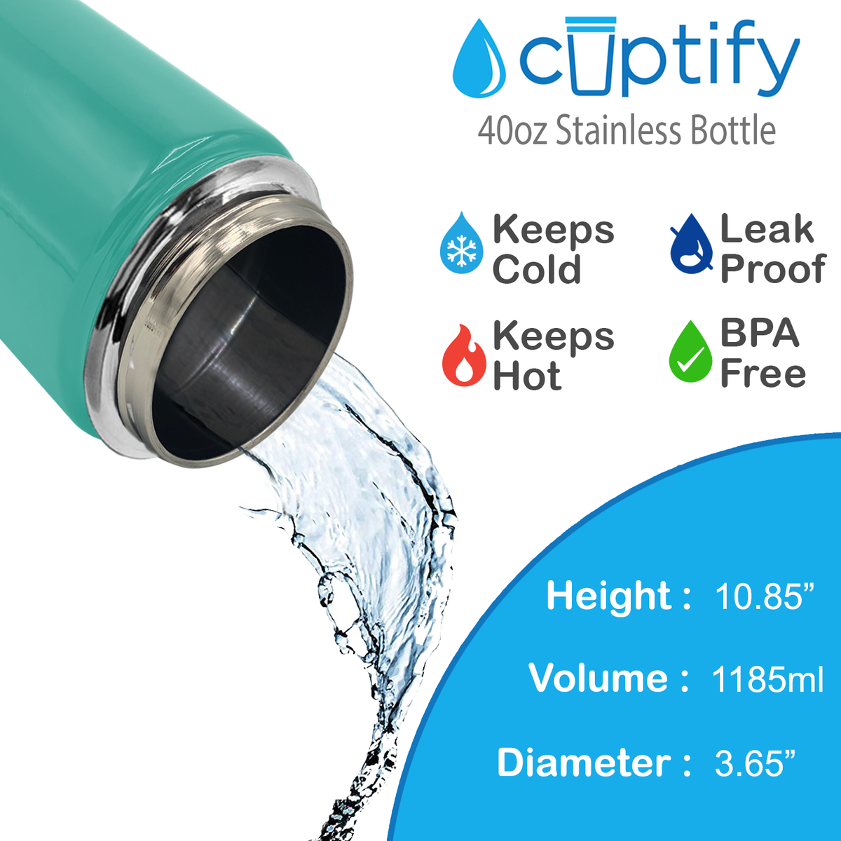 40oz Seafoam Gloss Wide Mouth Water Bottle With Straw Lid