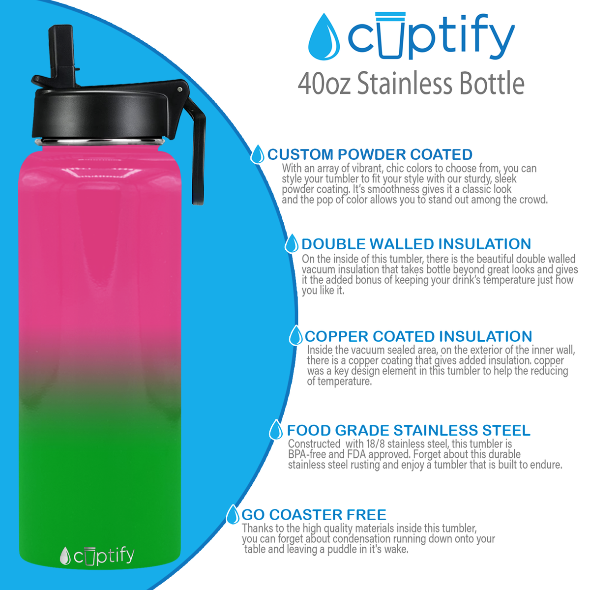 Watermelon Ombre 40oz Wide Mouth Water Bottle