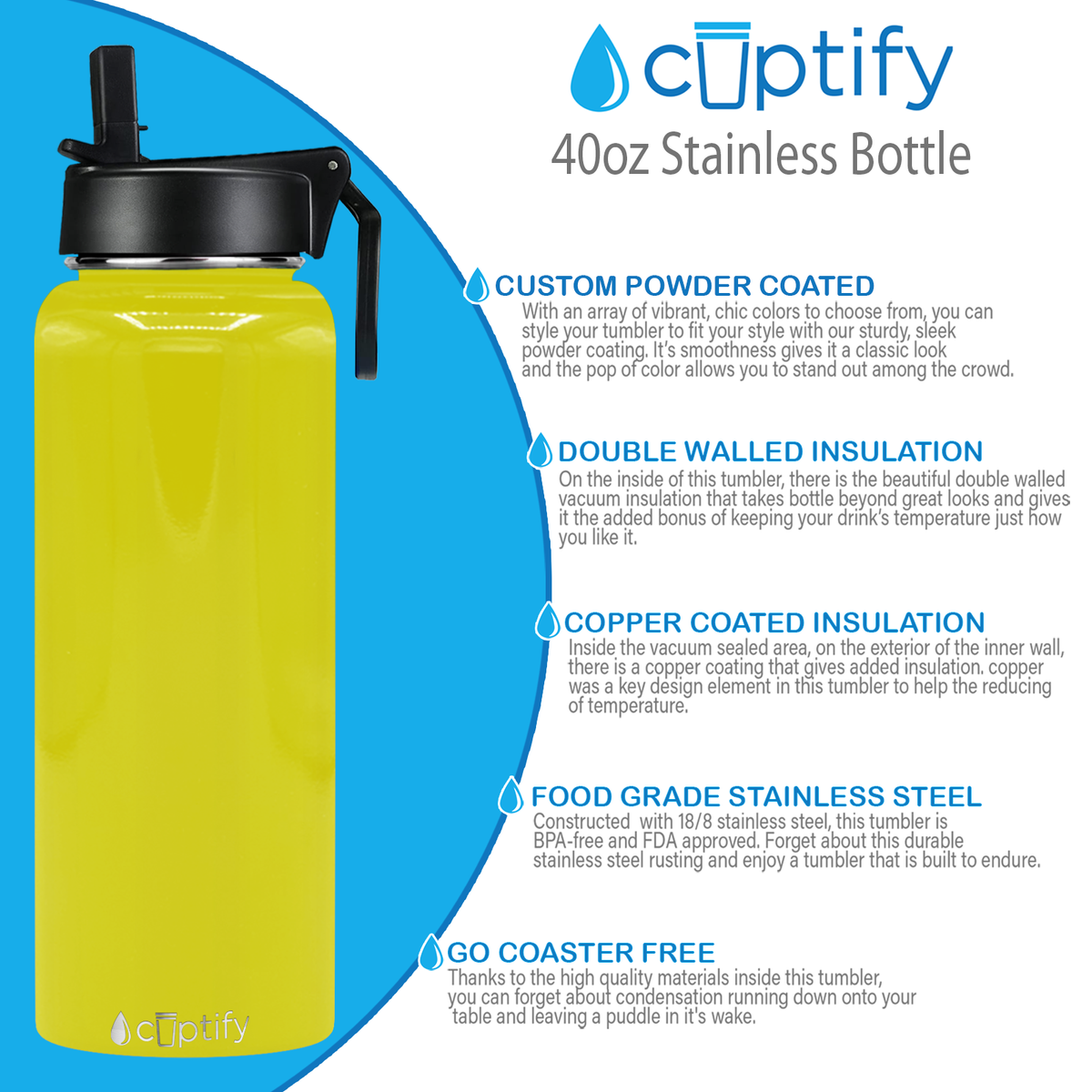 40oz Yellow Gloss Wide Mouth Water Bottle With Straw Lid
