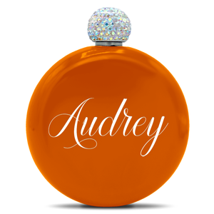 Personalized Bright Orange Gloss 5oz Rhinestone Liquor Flask