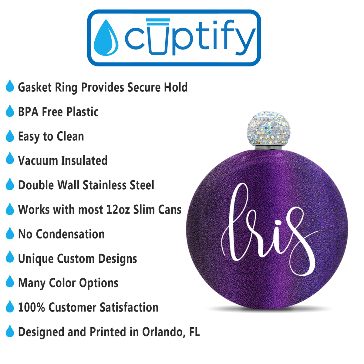 Personalized Black Violet Glitter 5oz Rhinestone Liquor Flask