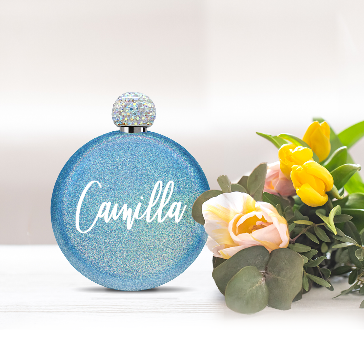 Personalized Blue Glitter 5oz Rhinestone Liquor Flask