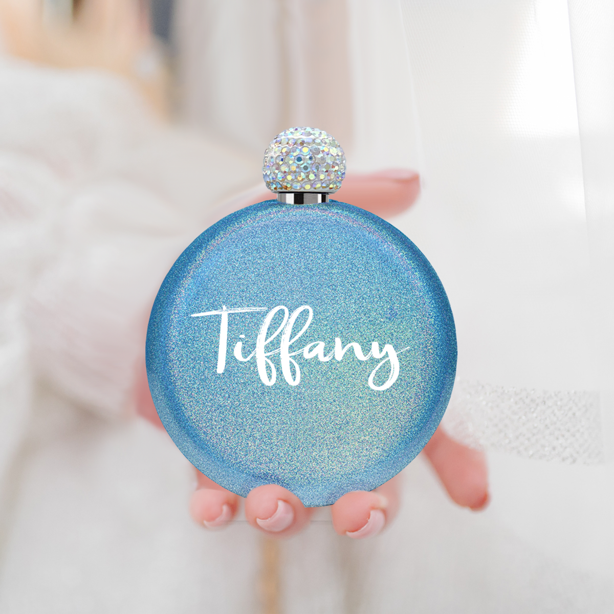 Personalized Blue Glitter 5oz Rhinestone Liquor Flask