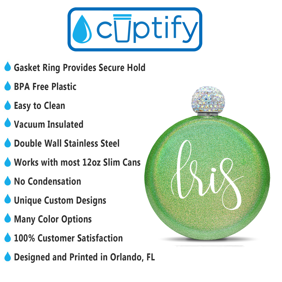 Personalized Emerald Green Glitter 5oz Rhinestone Liquor Flask