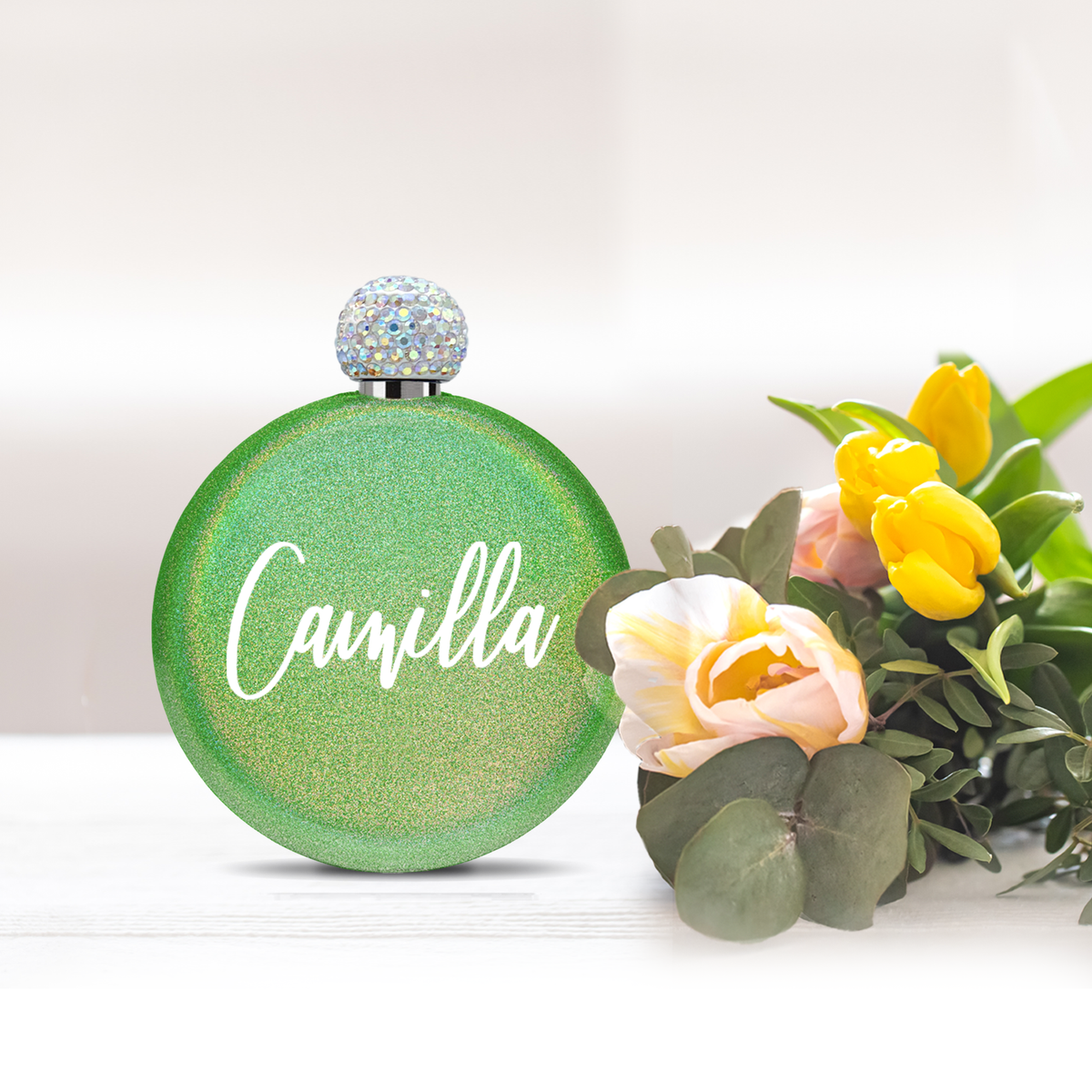 Personalized Emerald Green Glitter 5oz Rhinestone Liquor Flask