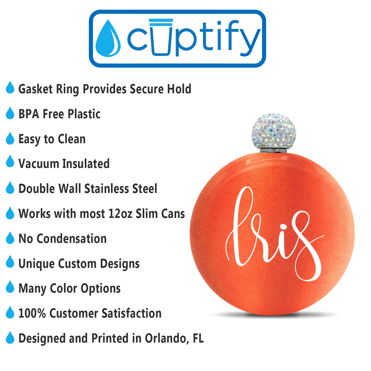 Personalized Orange Tangerine Glitter 5oz Rhinestone Liquor Flask