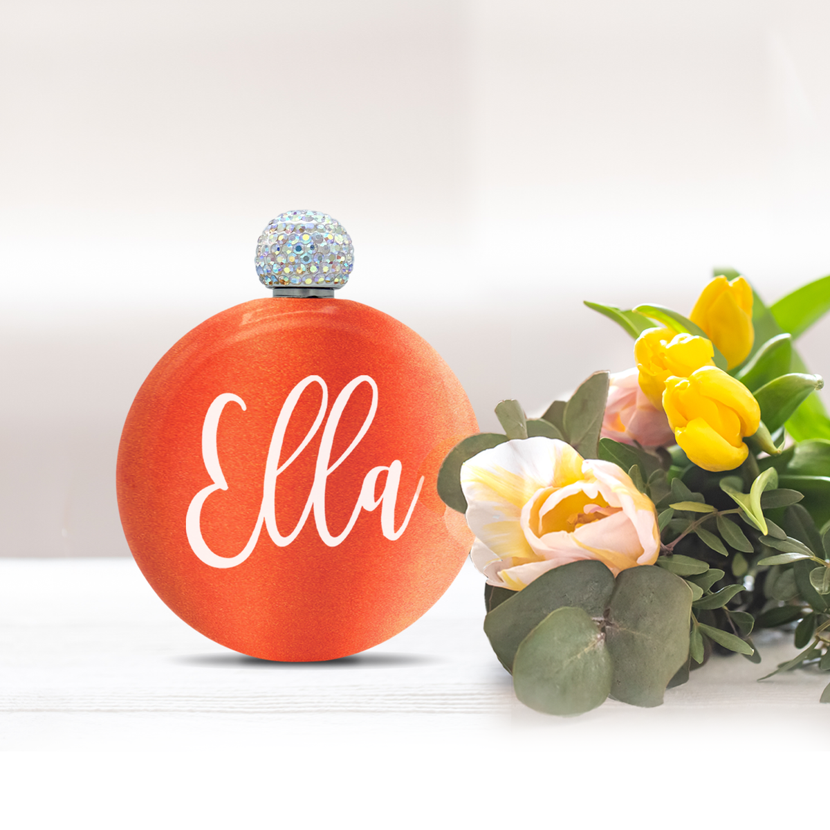 Personalized Orange Tangerine Glitter 5oz Rhinestone Liquor Flask