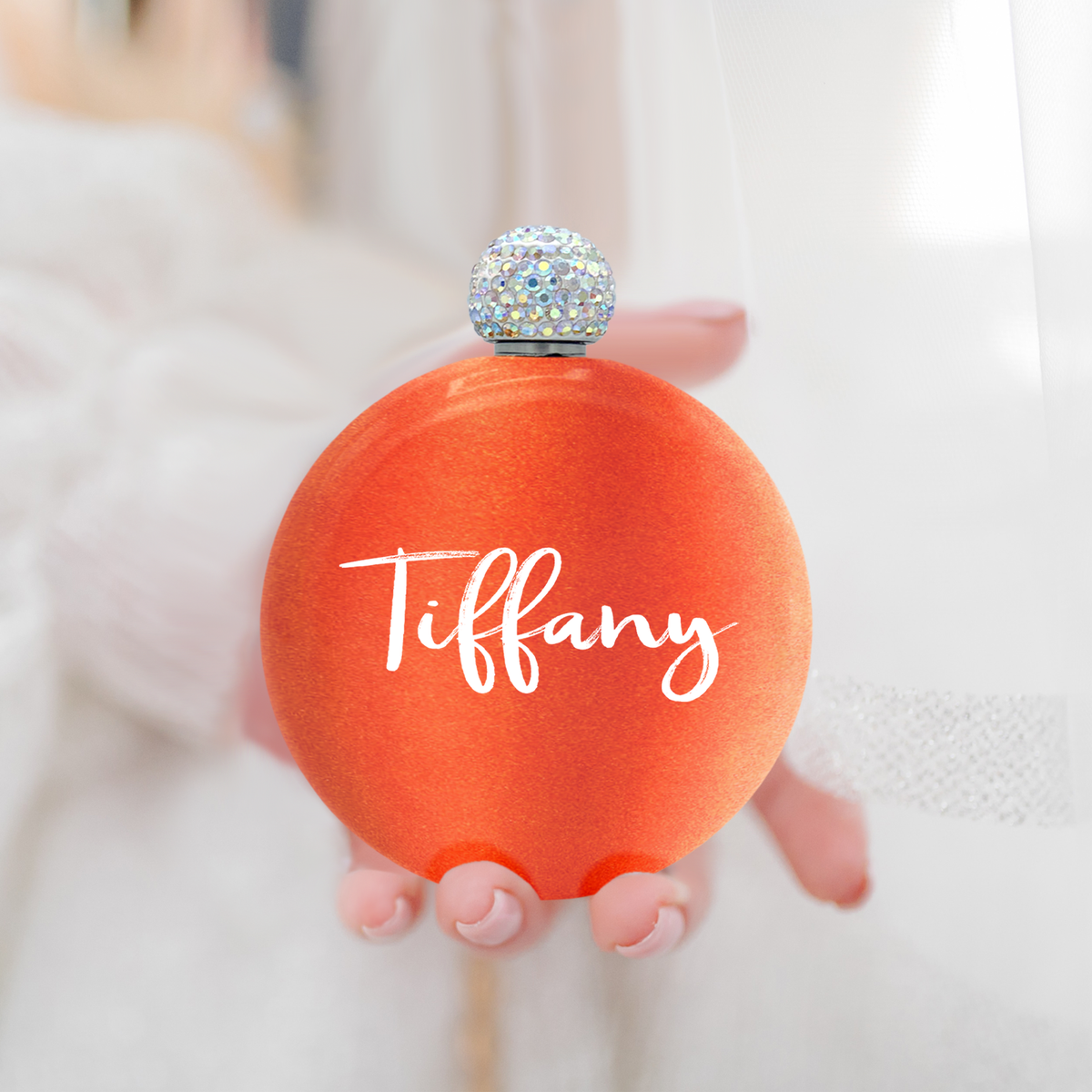 Personalized Orange Tangerine Glitter 5oz Rhinestone Liquor Flask
