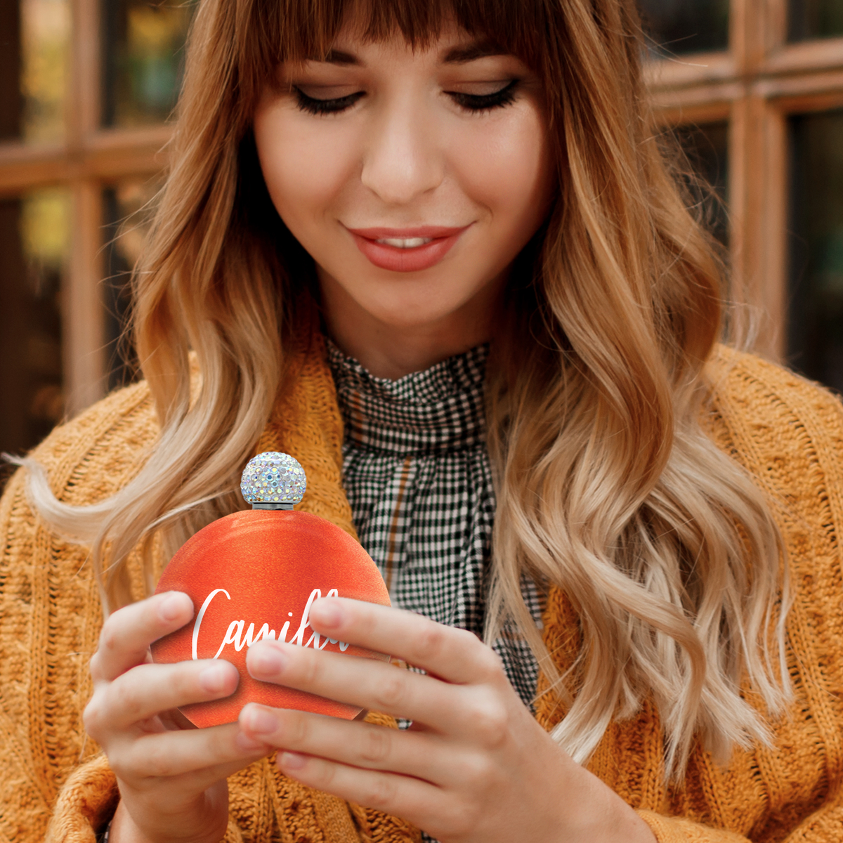 Personalized Orange Tangerine Glitter 5oz Rhinestone Liquor Flask