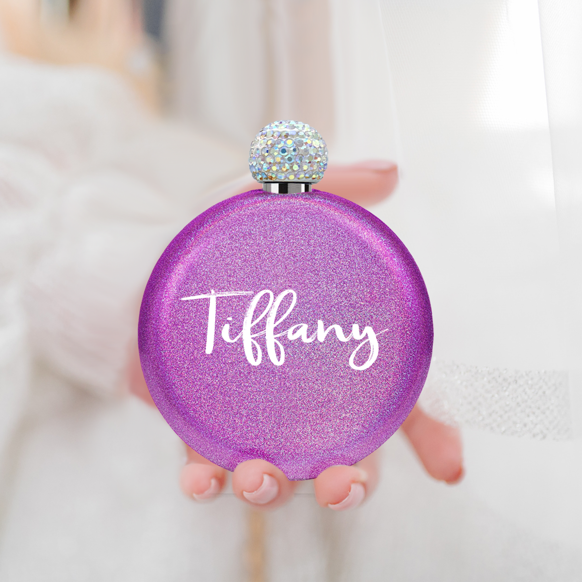 Personalized Hot Pink Glitter 5oz Rhinestone Liquor Flask