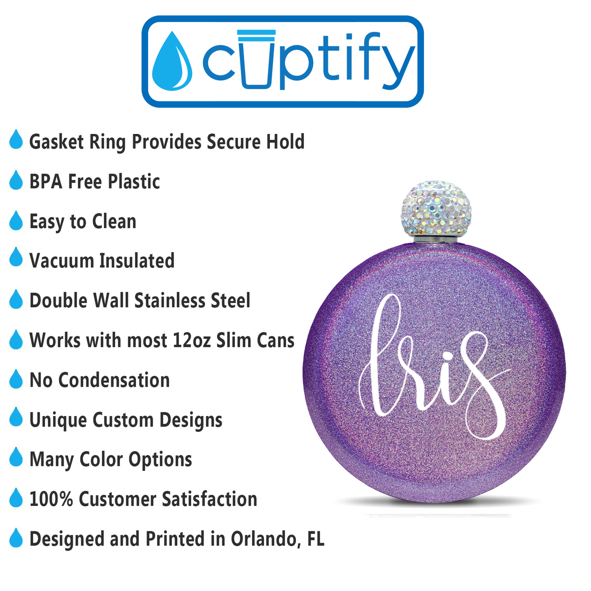 Personalized Purple Glitter 5oz Rhinestone Liquor Flask