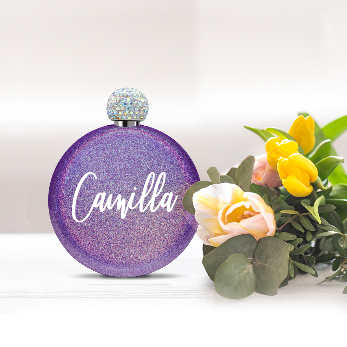 Personalized Purple Glitter 5oz Rhinestone Liquor Flask