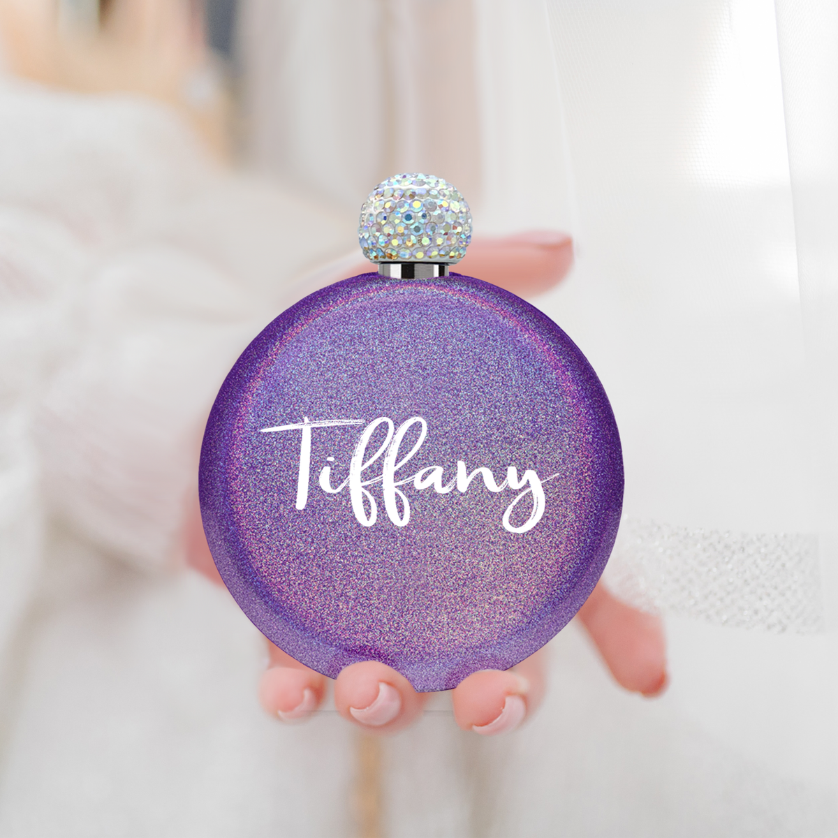 Personalized Purple Glitter 5oz Rhinestone Liquor Flask