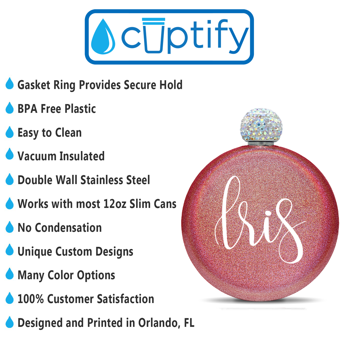 Personalized Cherry Red Glitter 5oz Rhinestone Liquor Flask