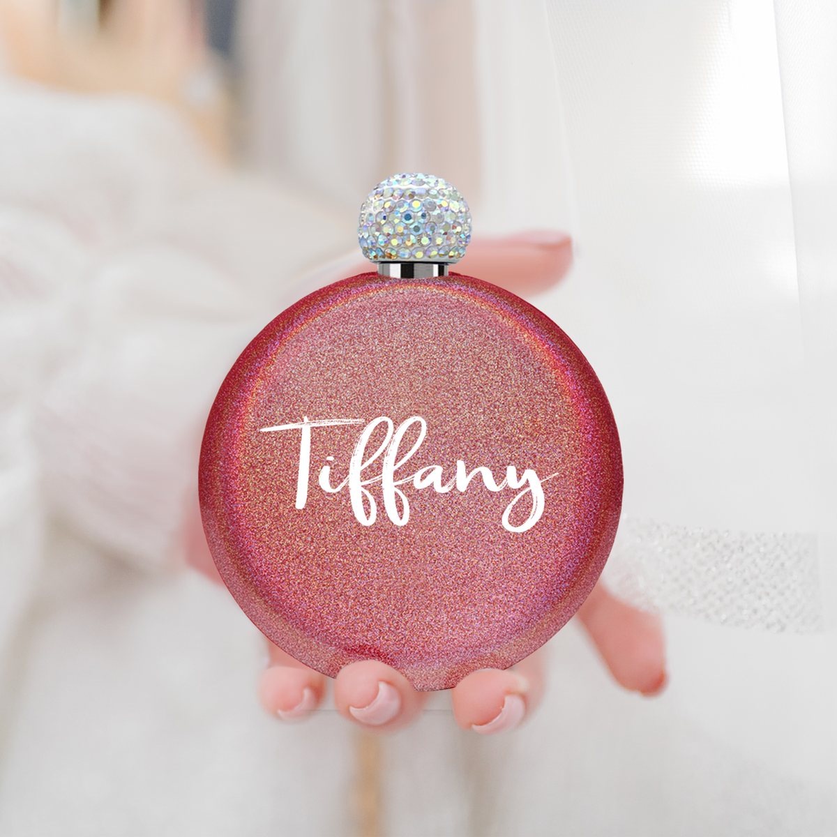 Personalized Cherry Red Glitter 5oz Rhinestone Liquor Flask