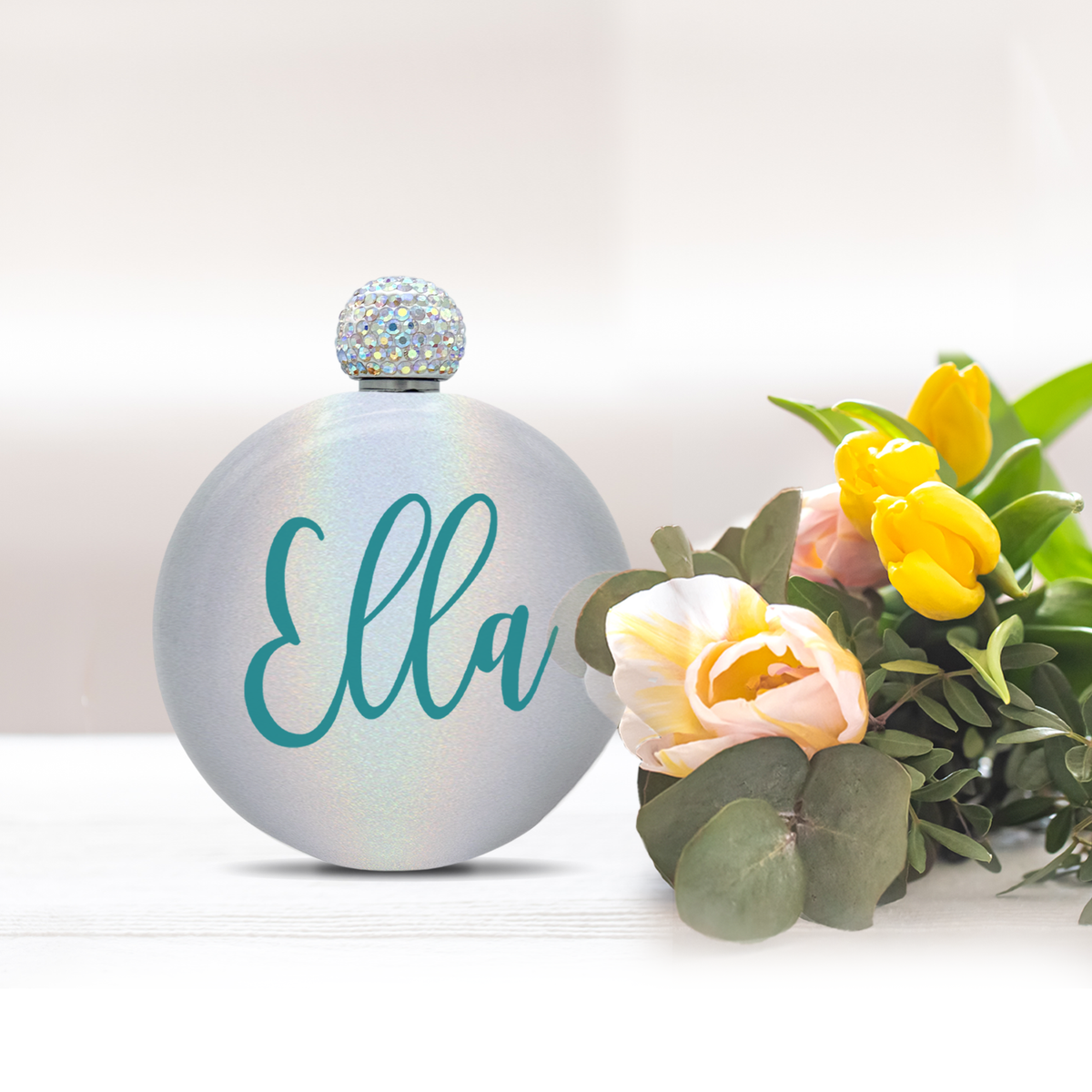 Personalized Silver Glitter 5oz Rhinestone Liquor Flask