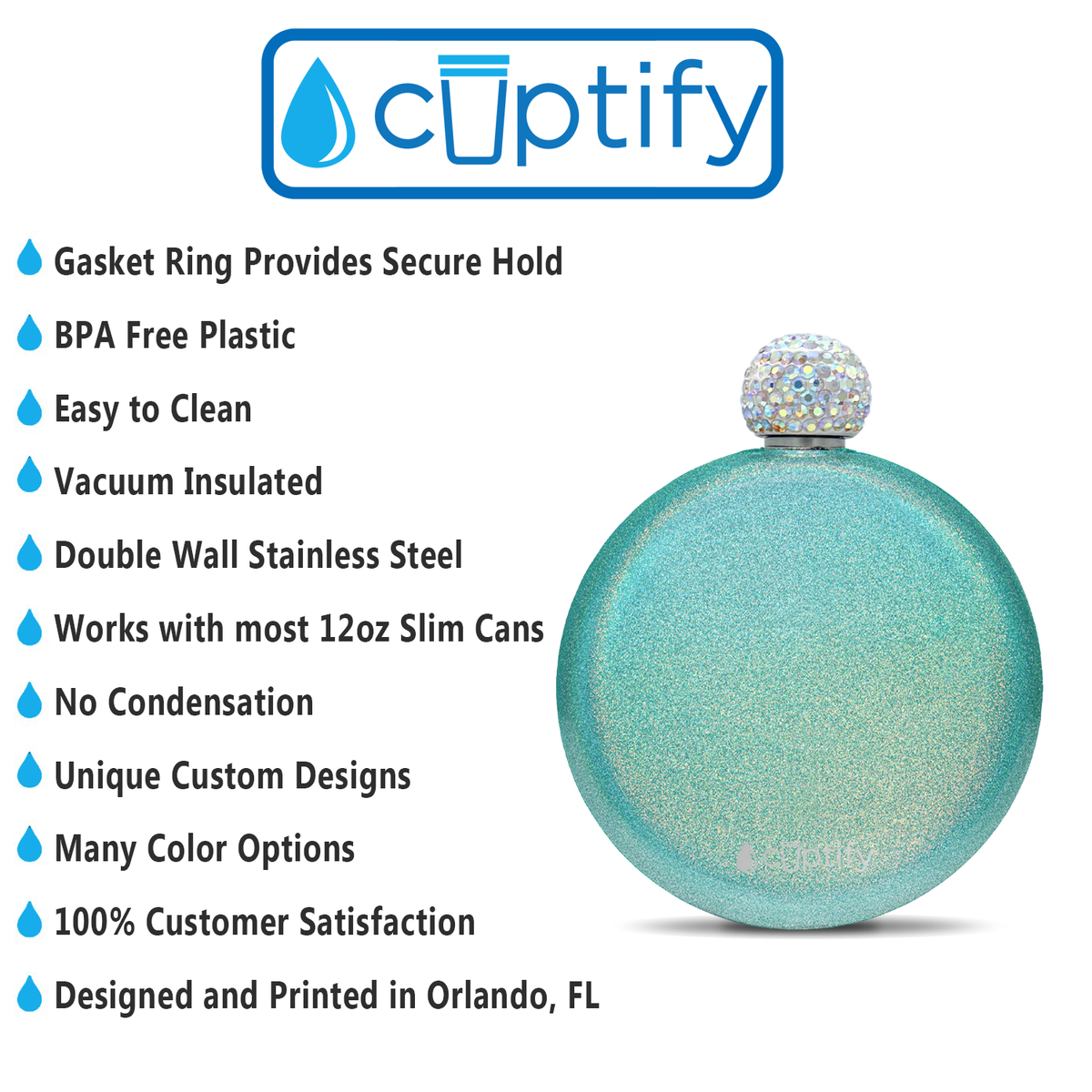 Teal Glitter 5oz Rhinestone Liquor Flask