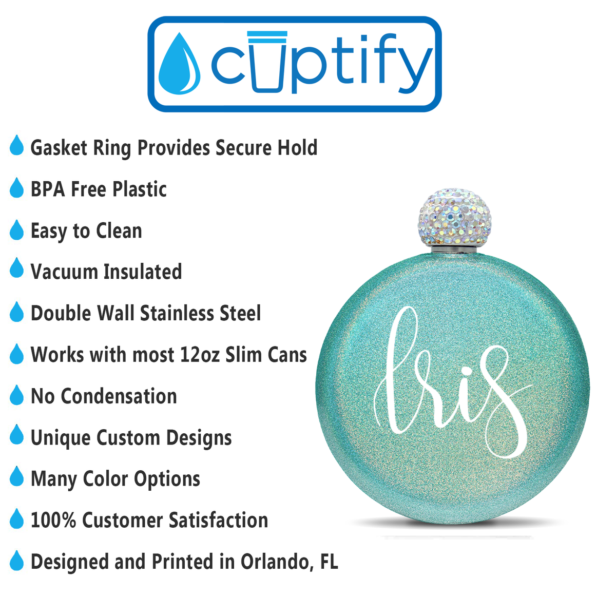 Personalized Teal Glitter 5oz Rhinestone Liquor Flask