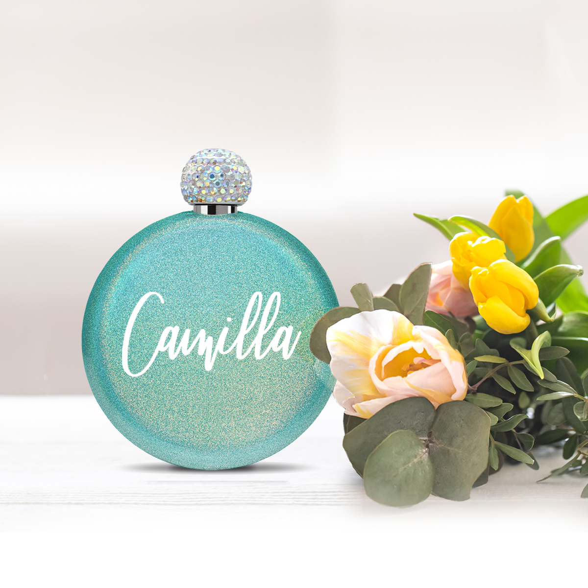 Personalized Teal Glitter 5oz Rhinestone Liquor Flask