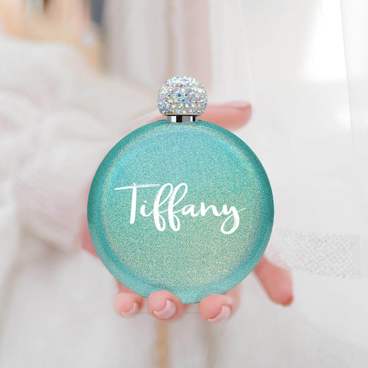 Personalized Teal Glitter 5oz Rhinestone Liquor Flask