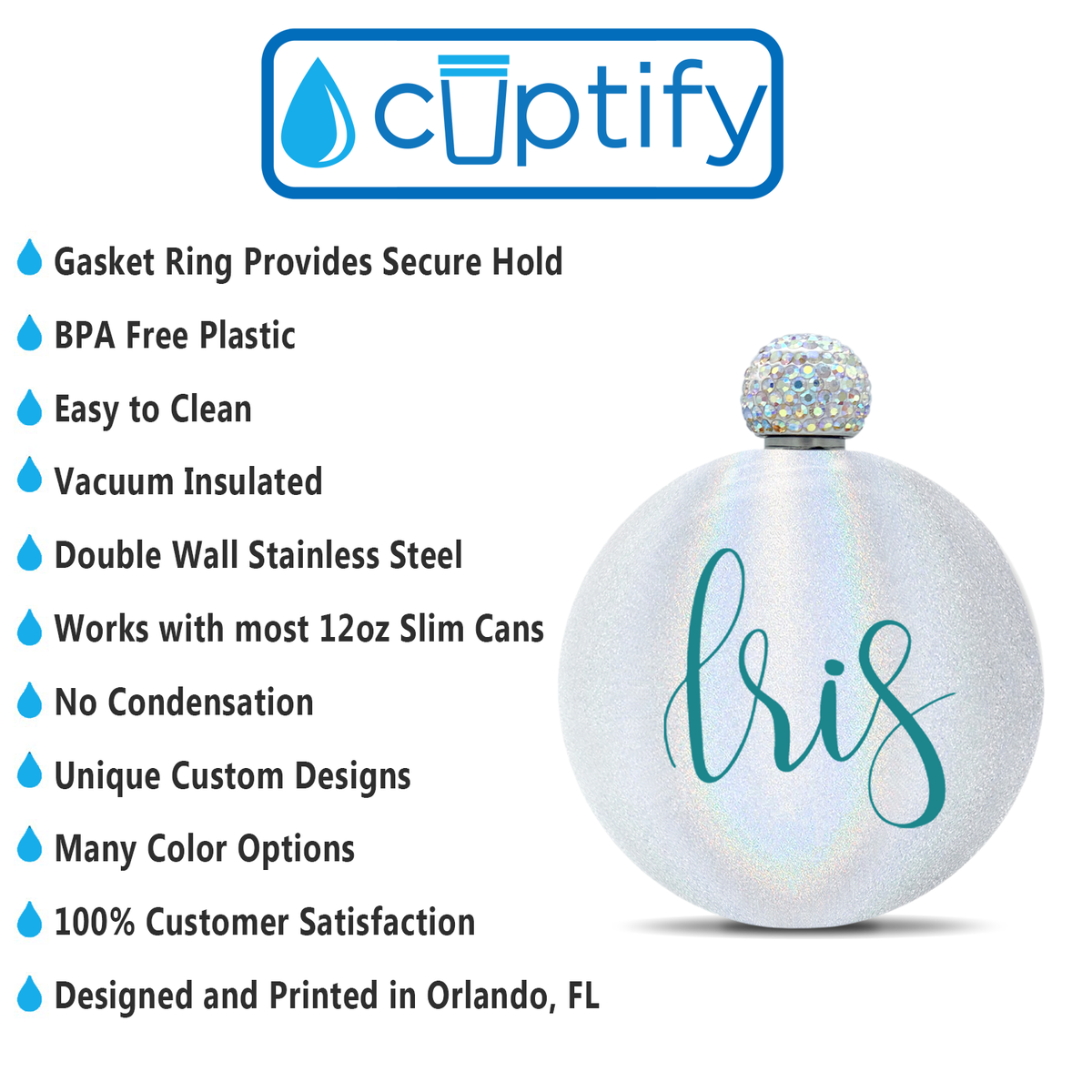 Personalized White Glitter 5oz Rhinestone Liquor Flask