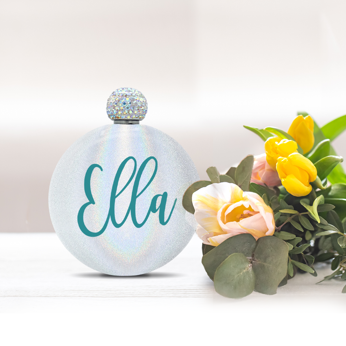 Personalized White Glitter 5oz Rhinestone Liquor Flask