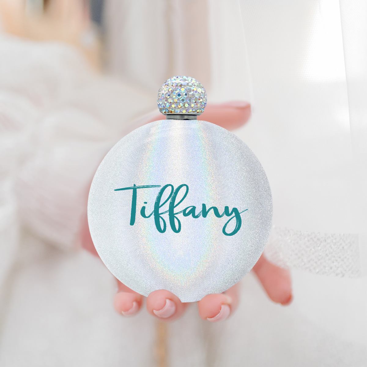 Personalized White Glitter 5oz Rhinestone Liquor Flask