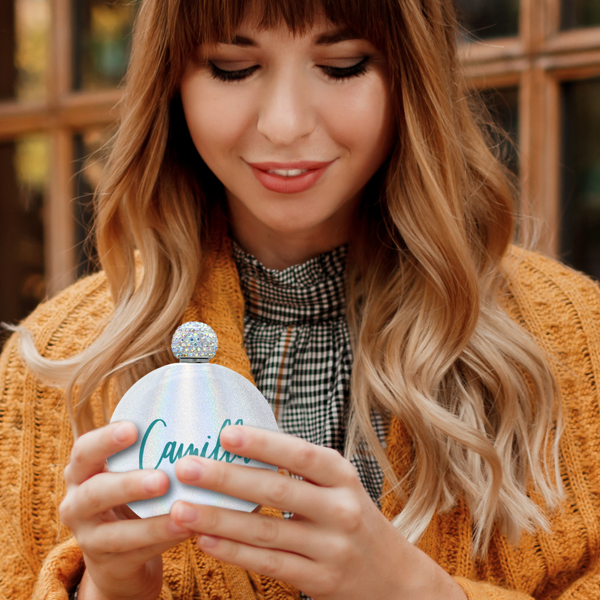 Personalized White Glitter 5oz Rhinestone Liquor Flask