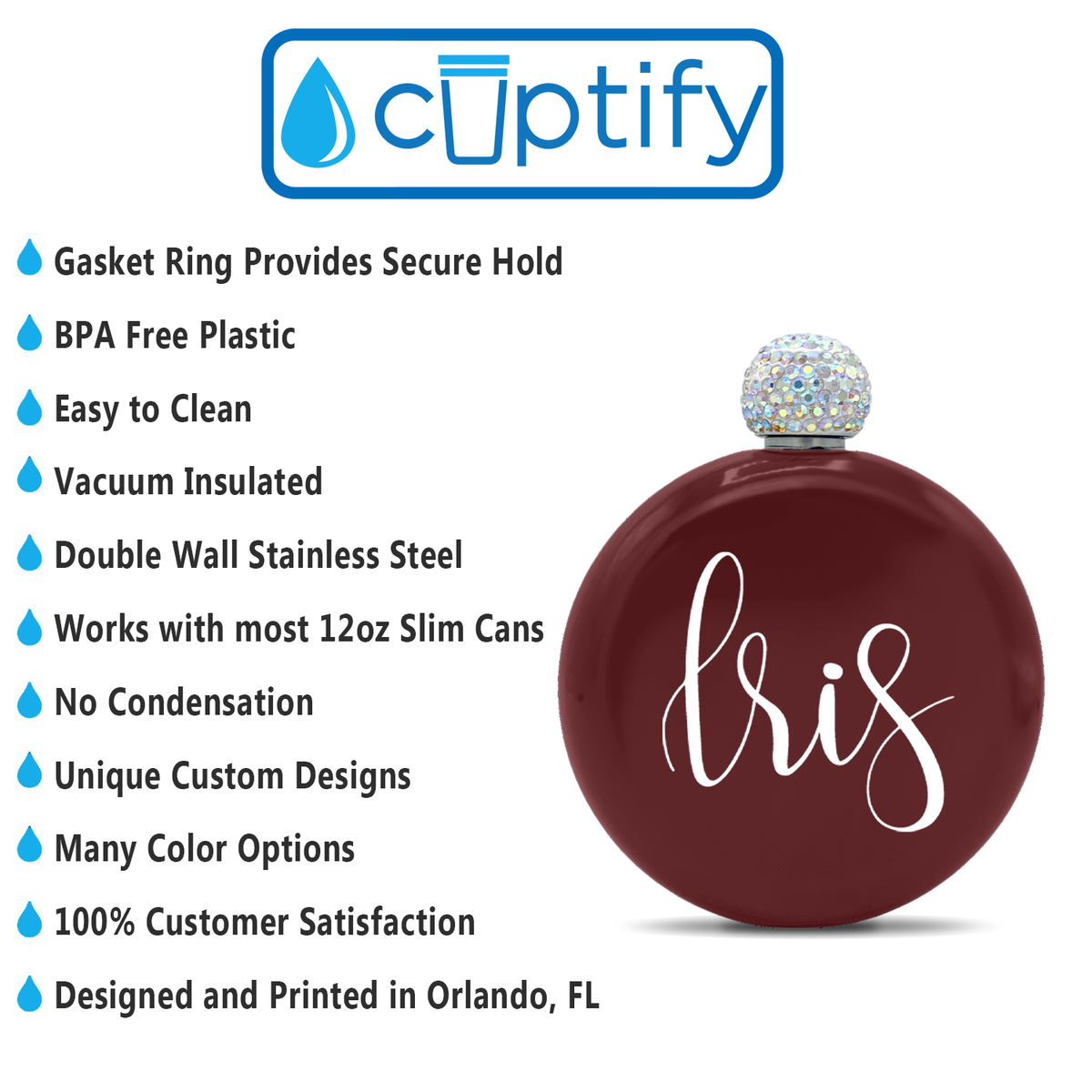 Personalized Maroon Gloss 5oz Rhinestone Liquor Flask