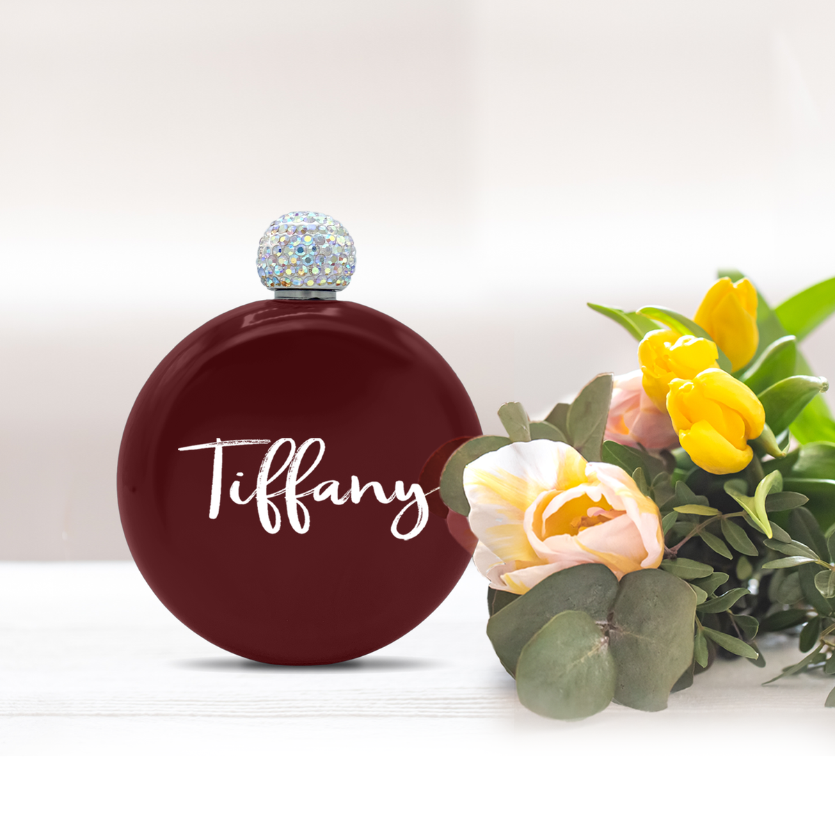 Personalized Maroon Gloss 5oz Rhinestone Liquor Flask