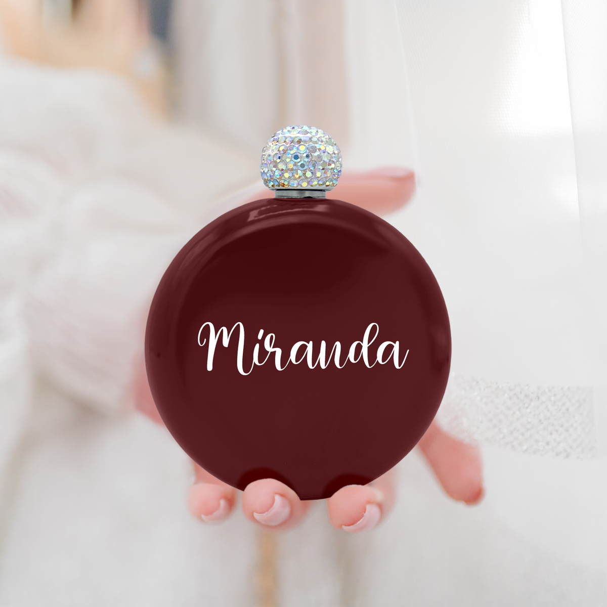 Personalized Maroon Gloss 5oz Rhinestone Liquor Flask