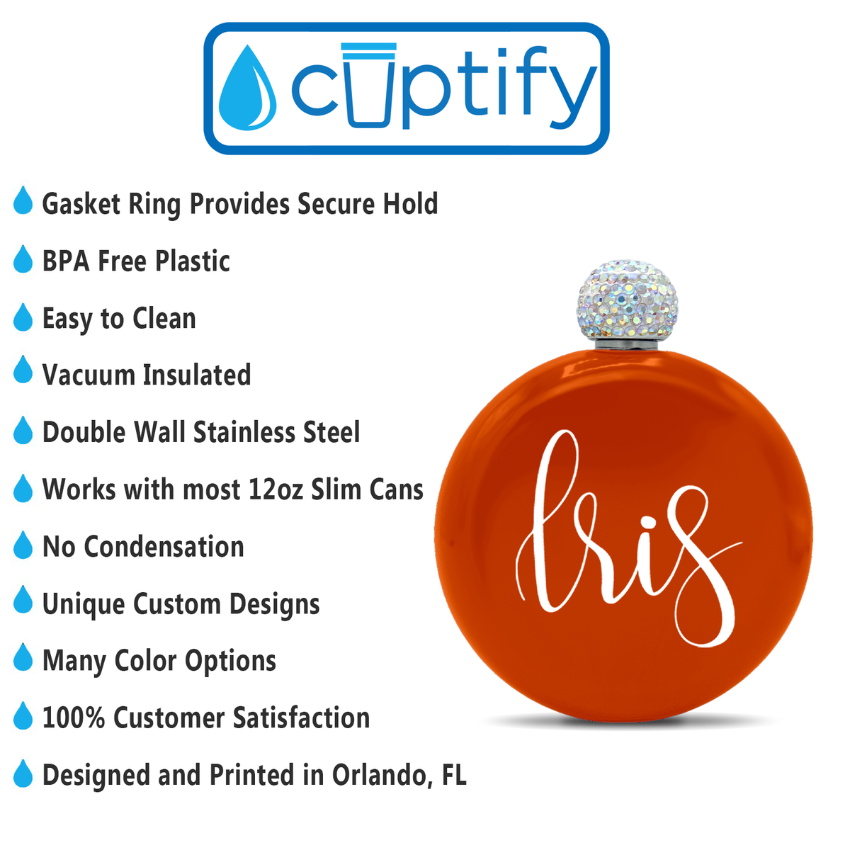 Personalized Orange Gloss 5oz Rhinestone Liquor Flask