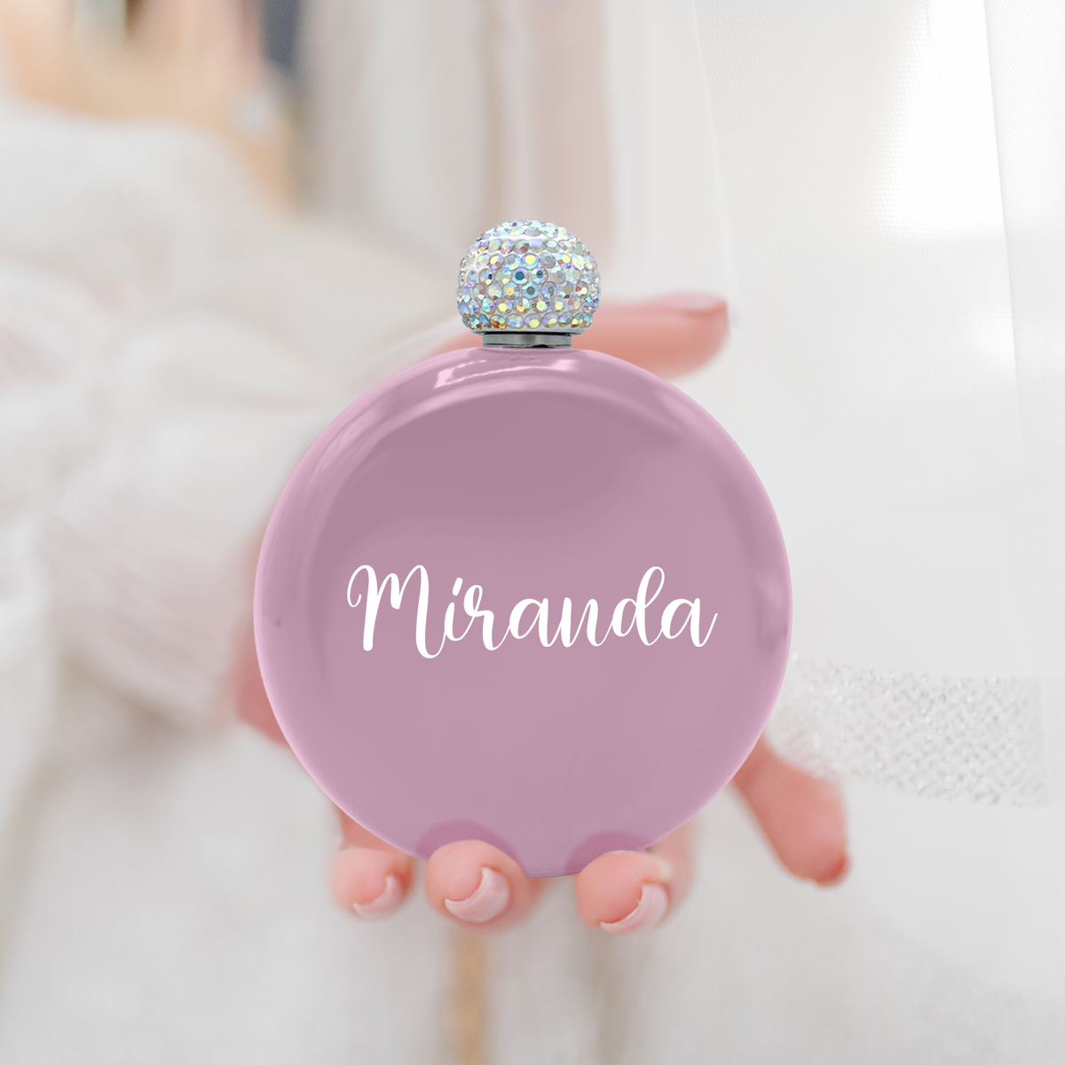 Personalized Pastel Pink Gloss 5oz Rhinestone Liquor Flask