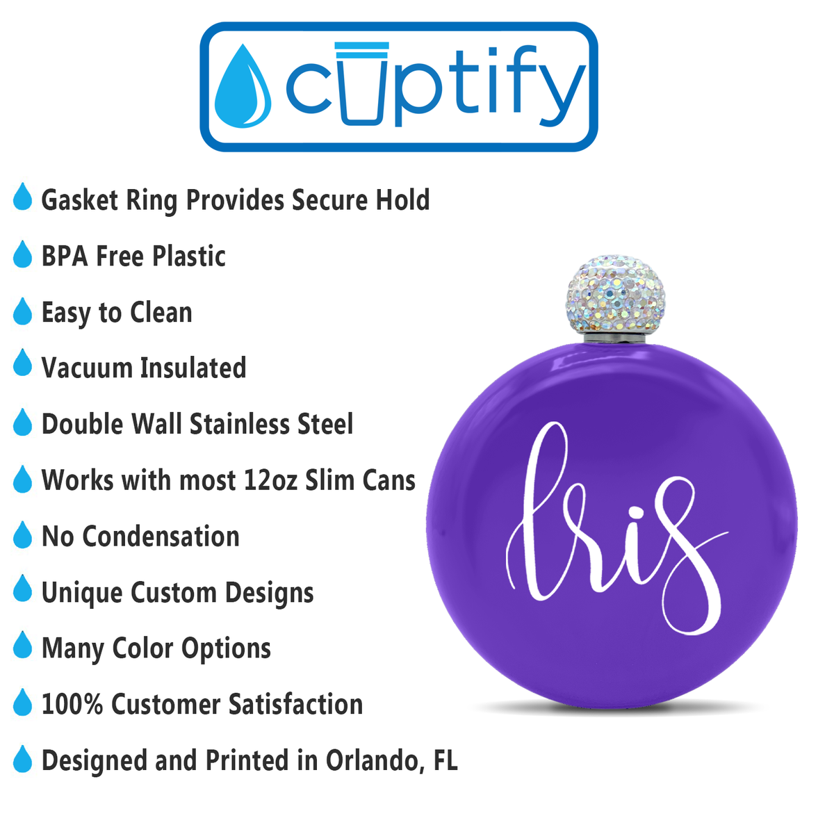 Personalized Purple Gloss 5oz Rhinestone Liquor Flask