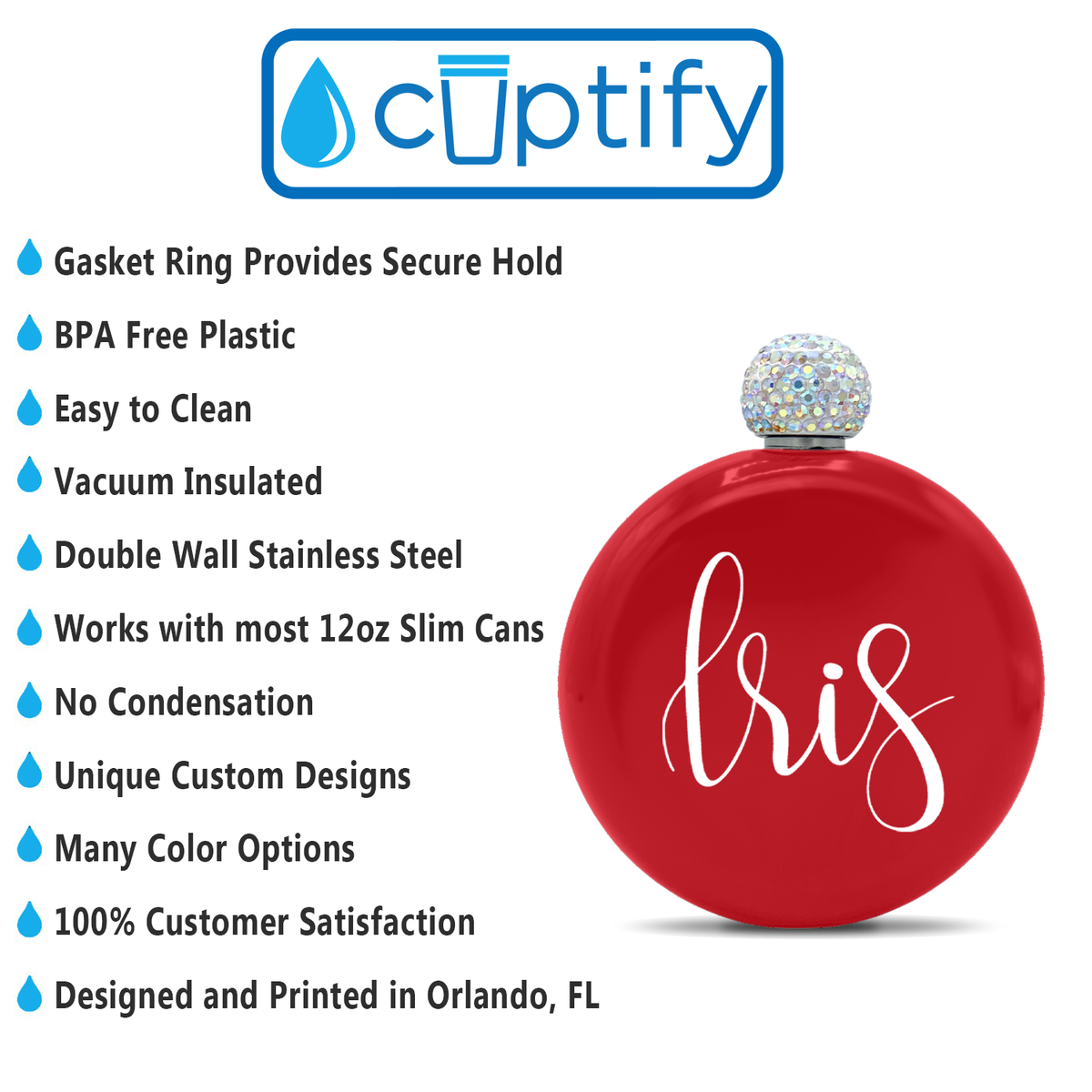 Personalized Red Gloss 5oz Rhinestone Liquor Flask