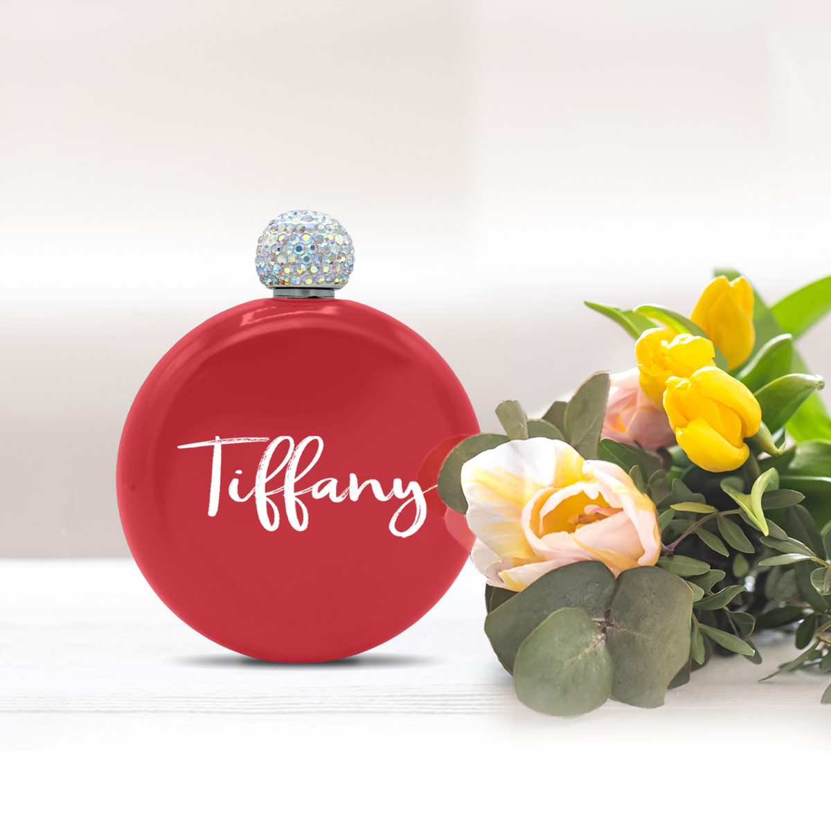 Personalized Red Gloss 5oz Rhinestone Liquor Flask