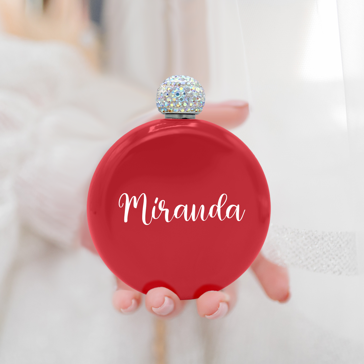 Personalized Red Gloss 5oz Rhinestone Liquor Flask