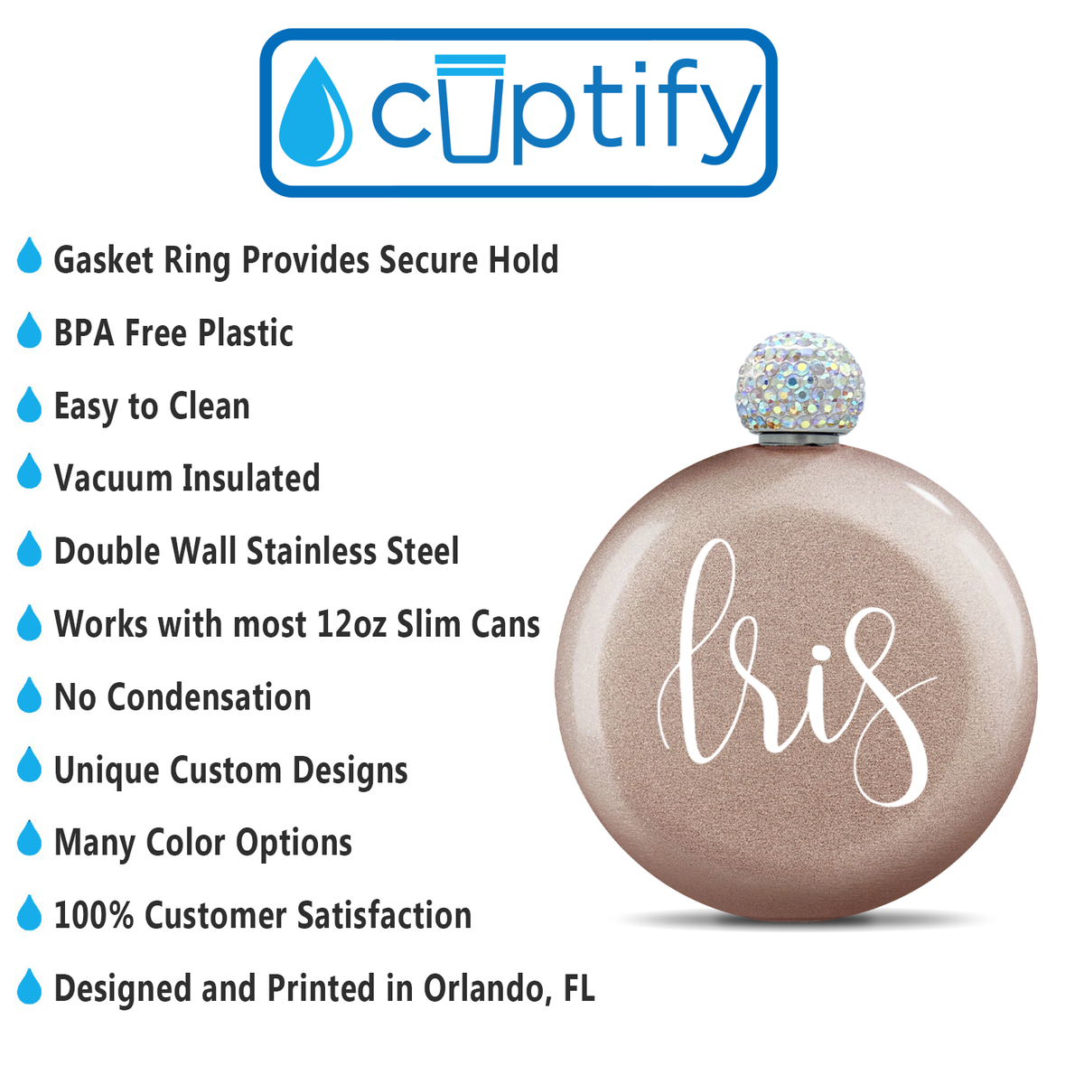 Personalized Rose Gold Glitter 5oz Rhinestone Liquor Flask