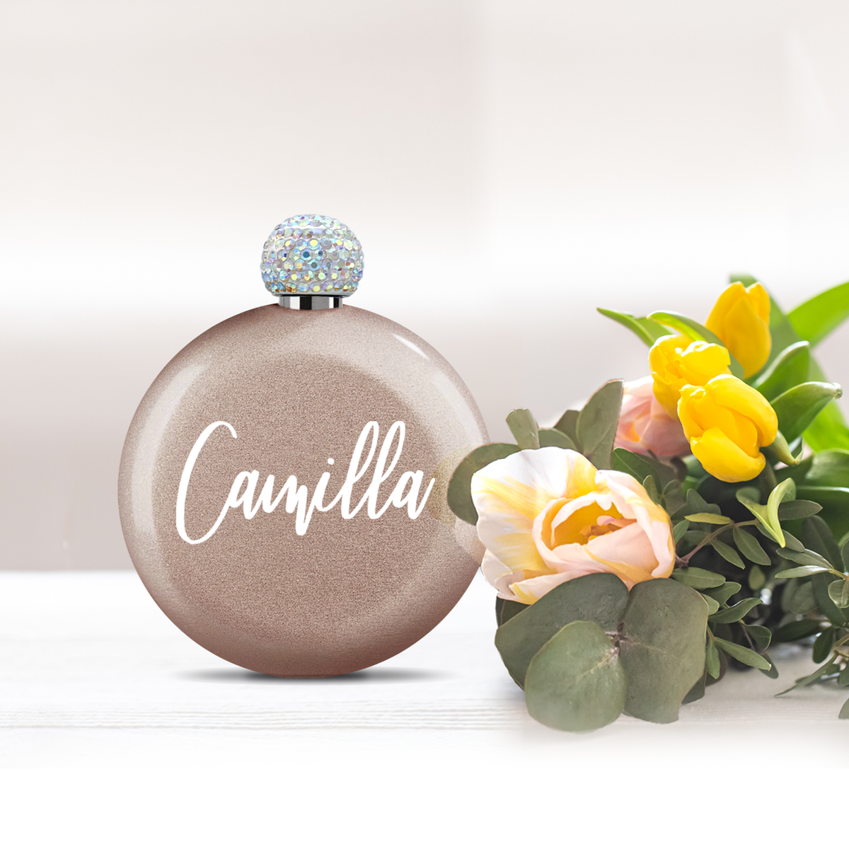 Personalized Rose Gold Glitter 5oz Rhinestone Liquor Flask