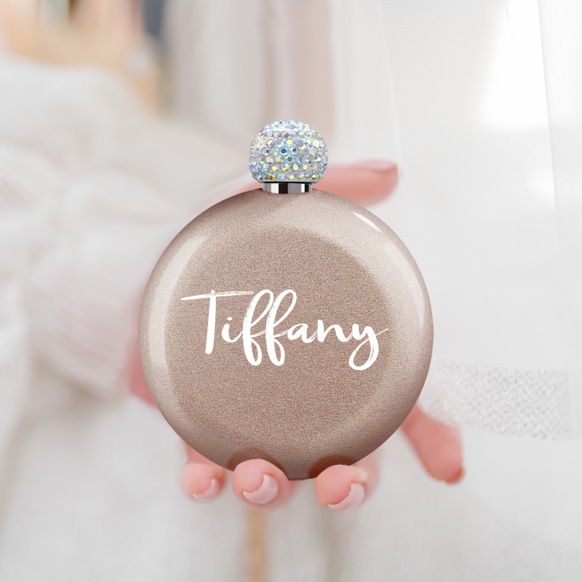 Personalized Rose Gold Glitter 5oz Rhinestone Liquor Flask