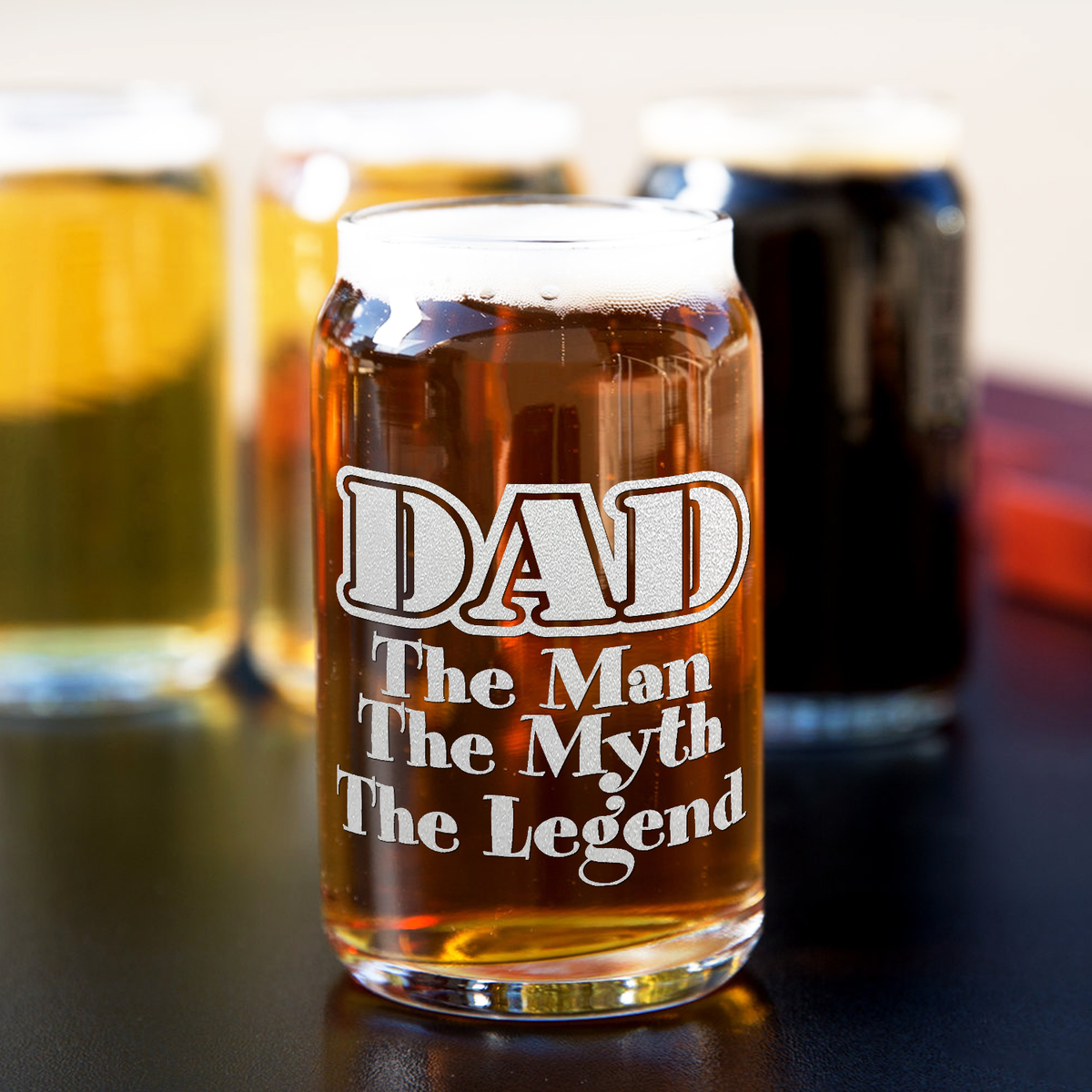  DAD The Man The Myth The Legend Etched on 5 oz Beer Glass Can - Set of Four