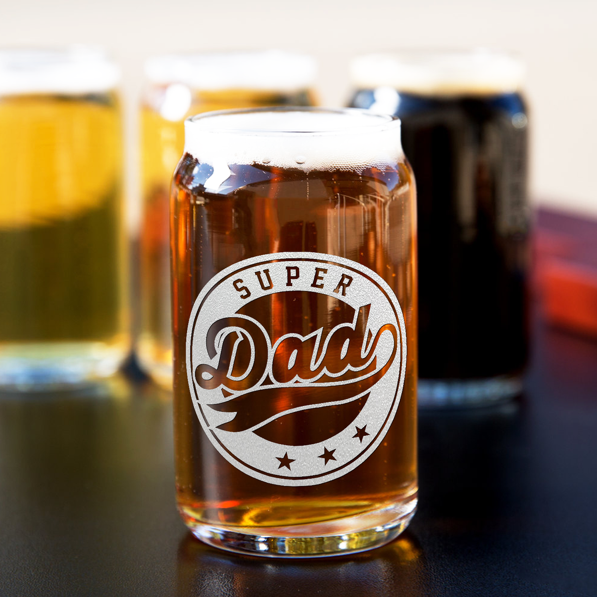  Super Dad Etched on 5 oz Beer Glass Can - Set of Four