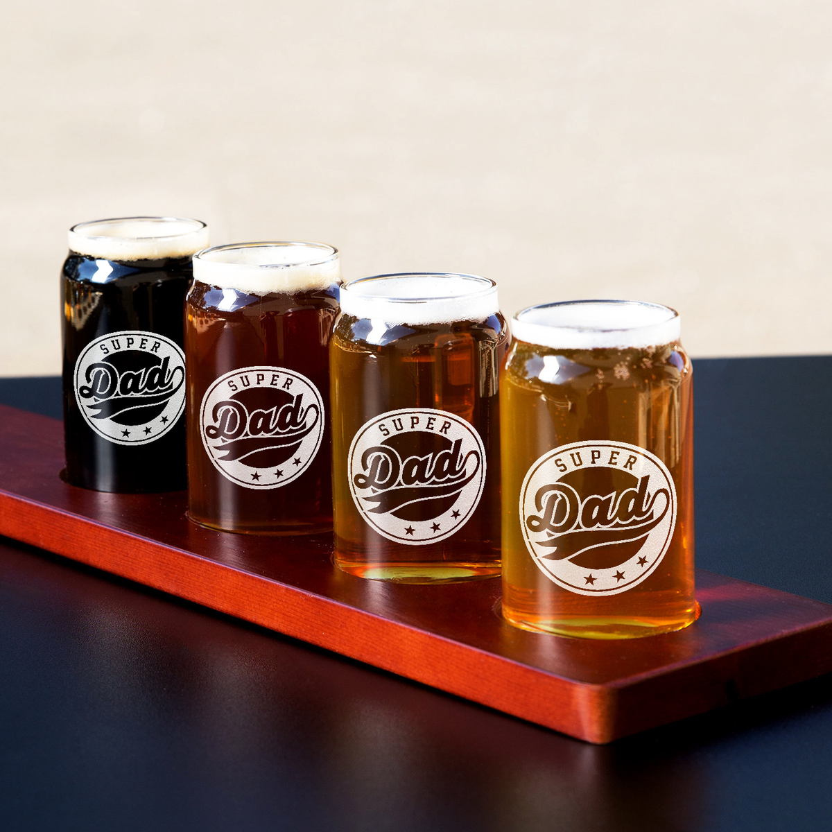  Super Dad Etched on 5 oz Beer Glass Can - Set of Four